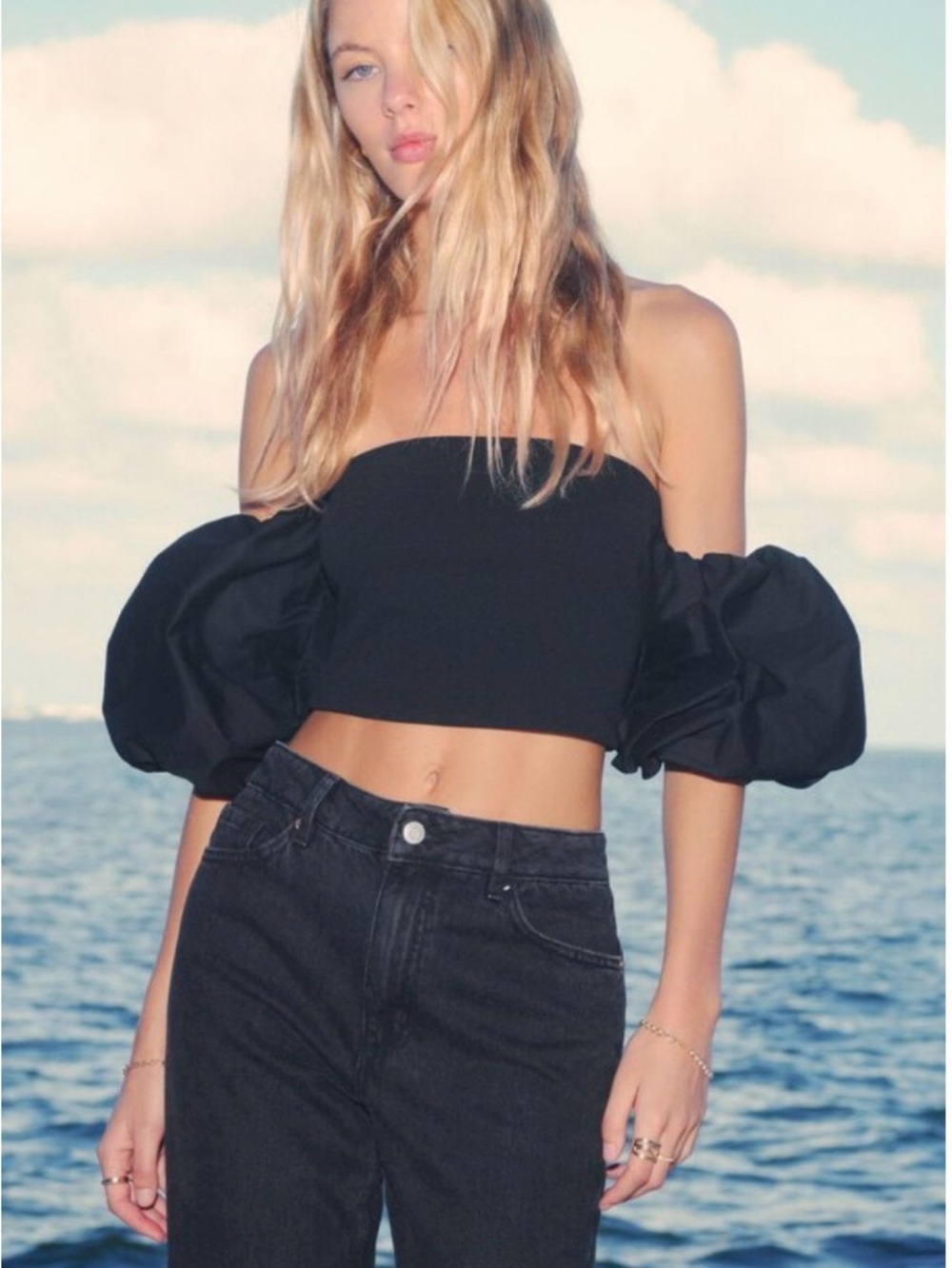 Dynamite Black Off-Shoulder Puff Sleeve Crop Top
